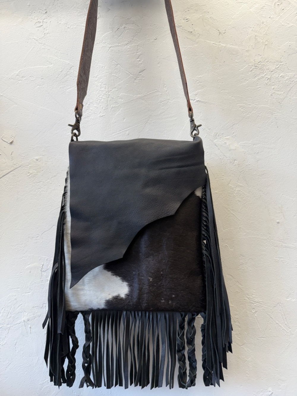 American Darling Black and White Fringe Leather Crossbody